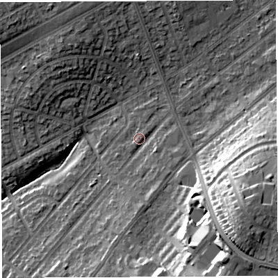 Shaded relief map of the ground around BS105JR, computed from Environment Agency LiDAR. The ground here sits at about 61 m above sea level and falls 29 m across the surrounding 800 m. Surface water reaching this point runs off ground lying to the south, 4.7 m higher.