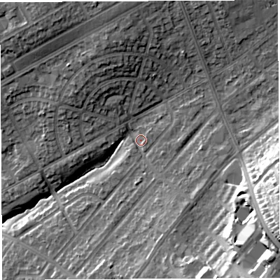 Shaded relief map of the ground around BS105JW, computed from Environment Agency LiDAR. The ground here sits at about 59 m above sea level and falls 31 m across the surrounding 800 m. Surface water reaching this point runs off ground lying to the south-south-east, 4.4 m higher.