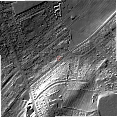 Shaded relief map of the ground around BS105NL, computed from Environment Agency LiDAR. The ground here sits at about 62 m above sea level and falls 24 m across the surrounding 800 m. Surface water reaching this point runs off ground lying to the south, 9.8 m higher.
