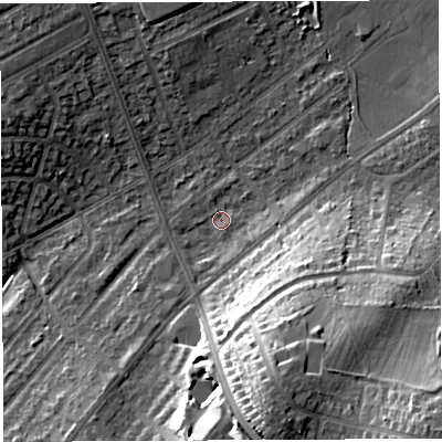 Shaded relief map of the ground around BS105NQ, computed from Environment Agency LiDAR. The ground here sits at about 61 m above sea level and falls 29 m across the surrounding 800 m. Surface water reaching this point runs off ground lying to the south-south-east, 21.9 m higher.