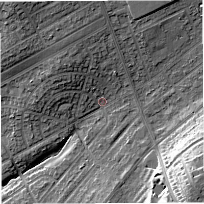 Shaded relief map of the ground around BS105QT, computed from Environment Agency LiDAR. The ground here sits at about 60 m above sea level and falls 30 m across the surrounding 800 m. Surface water reaching this point runs off ground lying to the south-east, 23.6 m higher.
