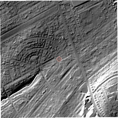 Shaded relief map of the ground around BS105QU, computed from Environment Agency LiDAR. The ground here sits at about 60 m above sea level and falls 30 m across the surrounding 800 m. Surface water reaching this point runs off ground lying to the south-east, 23.2 m higher.