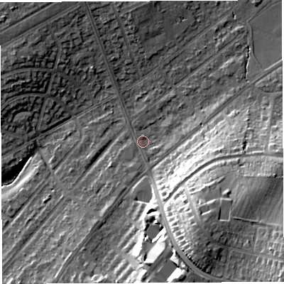 Shaded relief map of the ground around BS105SB, computed from Environment Agency LiDAR. The ground here sits at about 61 m above sea level and falls 30 m across the surrounding 800 m. Surface water reaching this point runs off ground lying to the south-south-east, 20.8 m higher.