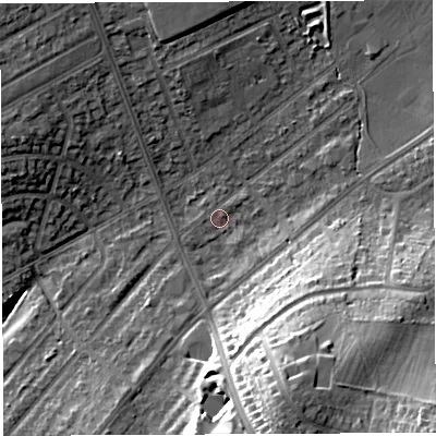 Shaded relief map of the ground around BS105SE, computed from Environment Agency LiDAR. The ground here sits at about 61 m above sea level and falls 28 m across the surrounding 800 m. Surface water reaching this point runs off ground lying to the east-north-east, 0.8 m higher.