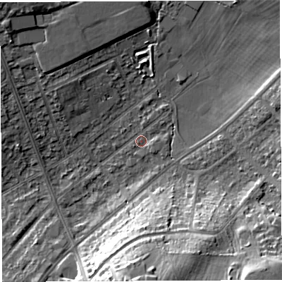 Shaded relief map of the ground around BS105SF, computed from Environment Agency LiDAR. The ground here sits at about 62 m above sea level and falls 21 m across the surrounding 800 m. Surface water reaching this point runs off ground lying to the east-south-east, 1.8 m higher.