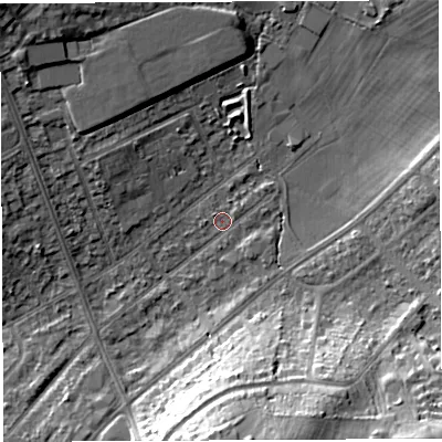 Shaded relief map of the ground around BS105SG, computed from Environment Agency LiDAR. The ground here sits at about 62 m above sea level and falls 20 m across the surrounding 800 m. Surface water reaching this point runs off ground lying to the north-east, 8.1 m higher.