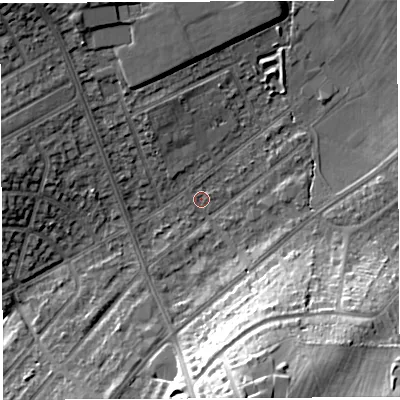 Shaded relief map of the ground around BS105SH, computed from Environment Agency LiDAR. The ground here sits at about 61 m above sea level and falls 24 m across the surrounding 800 m. Surface water reaching this point runs off ground lying to the north-north-west, 9.0 m higher.