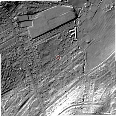 Shaded relief map of the ground around BS105SJ, computed from Environment Agency LiDAR. The ground here sits at about 62 m above sea level and falls 19 m across the surrounding 800 m. Surface water reaching this point runs off ground lying to the north-north-west, 11.2 m higher.