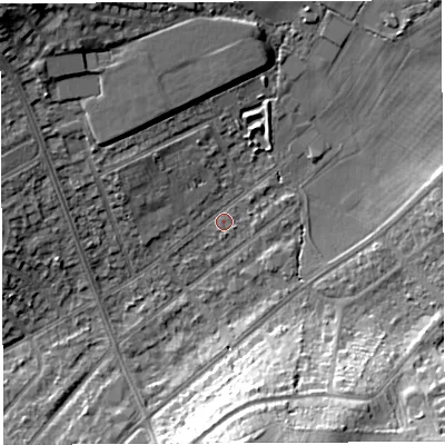 Shaded relief map of the ground around BS105SL, computed from Environment Agency LiDAR. The ground here sits at about 62 m above sea level and falls 18 m across the surrounding 800 m. Surface water reaching this point runs off ground lying to the north-west, 10.8 m higher.