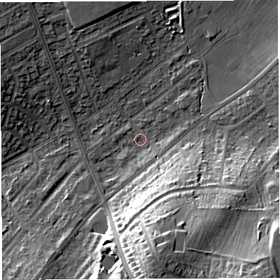 Shaded relief map of the ground around BS105SQ, computed from Environment Agency LiDAR. The ground here sits at about 61 m above sea level and falls 26 m across the surrounding 800 m. Surface water reaching this point runs off ground lying to the south, 20.5 m higher.