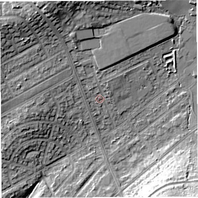 Shaded relief map of the ground around BS105SR, computed from Environment Agency LiDAR. The ground here sits at about 64 m above sea level and falls 21 m across the surrounding 800 m. Surface water reaching this point runs off ground lying to the north-north-west, 13.6 m higher.