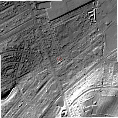Shaded relief map of the ground around BS105SS, computed from Environment Agency LiDAR. The ground here sits at about 61 m above sea level and falls 26 m across the surrounding 800 m. Surface water reaching this point runs off ground lying to the south-south-east, 21.0 m higher.