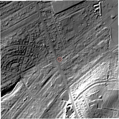 Shaded relief map of the ground around BS105ST, computed from Environment Agency LiDAR. The ground here sits at about 61 m above sea level and falls 27 m across the surrounding 800 m. Surface water reaching this point runs off ground lying to the south-south-east, 21.8 m higher.