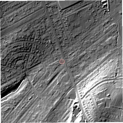 Shaded relief map of the ground around BS105SU, computed from Environment Agency LiDAR. The ground here sits at about 60 m above sea level and falls 28 m across the surrounding 800 m. Surface water reaching this point runs off ground lying to the south-south-east, 22.2 m higher.