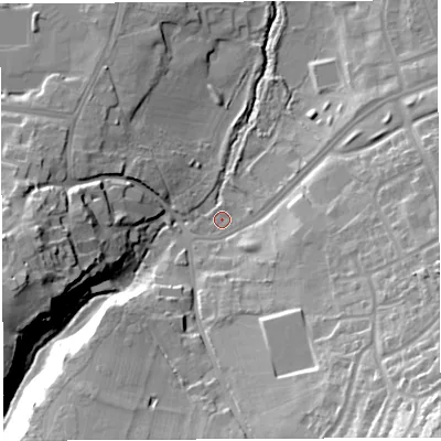 Shaded relief map of the ground around BS107AG, computed from Environment Agency LiDAR. The ground here sits at about 33 m above sea level and falls 32 m across the surrounding 800 m. Surface water reaching this point runs off ground lying to the south-east, 29.7 m higher.