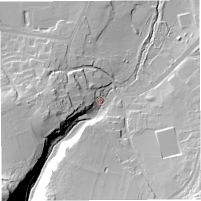 Shaded relief map of the ground around BS107AQ, computed from Environment Agency LiDAR. The ground here sits at about 34 m above sea level and falls 57 m across the surrounding 800 m. Surface water reaching this point runs off ground lying to the west-south-west, 21.1 m higher.