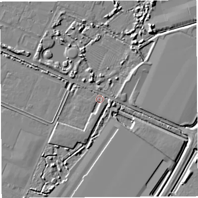 Shaded relief map of the ground around BS107ES, computed from Environment Agency LiDAR. The ground here sits at about 6 m above sea level and falls 7 m across the surrounding 800 m. Surface water reaching this point runs off ground lying to the east, 4.0 m higher.