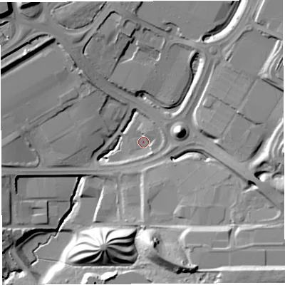 Shaded relief map of the ground around BS107FF, computed from Environment Agency LiDAR. The ground here sits at about 52 m above sea level and falls 28 m across the surrounding 800 m. Surface water reaching this point runs off ground lying to the east, 3.7 m higher.