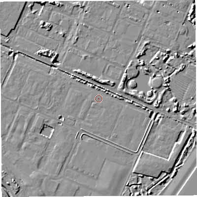 Shaded relief map of the ground around BS107FR, computed from Environment Agency LiDAR. The ground here sits at about 6 m above sea level and falls 6 m across the surrounding 800 m. Surface water reaching this point runs off ground lying to the north-east, 5.2 m higher.