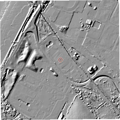 Shaded relief map of the ground around BS107GB, computed from Environment Agency LiDAR. The ground here sits at about 7 m above sea level and falls 16 m across the surrounding 800 m. The ground contributing surface water to this point lies to the south.