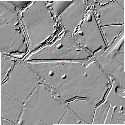 Shaded relief map of the ground around BS107GD, computed from Environment Agency LiDAR. The ground here sits at about 7 m above sea level and falls 8 m across the surrounding 800 m. Surface water reaching this point runs off ground lying to the south, 4.9 m higher.