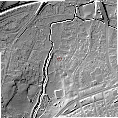Shaded relief map of the ground around BS107LD, computed from Environment Agency LiDAR. The ground here sits at about 36 m above sea level and falls 18 m across the surrounding 800 m. Surface water reaching this point runs off ground lying to the south-east, 3.6 m higher.