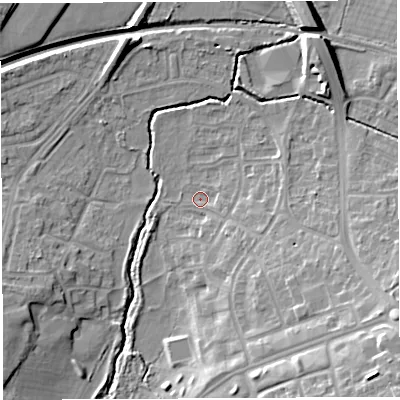 Shaded relief map of the ground around BS107LE, computed from Environment Agency LiDAR. The ground here sits at about 36 m above sea level and falls 19 m across the surrounding 800 m. Surface water reaching this point runs off ground lying to the south-east, 5.3 m higher.