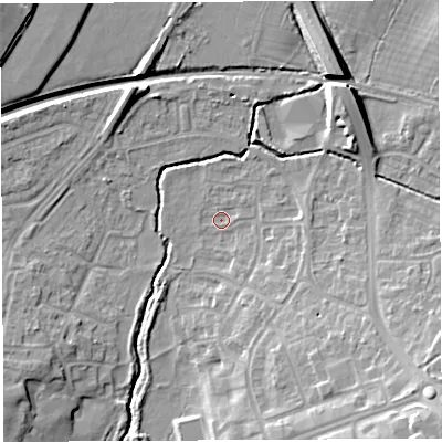 Shaded relief map of the ground around BS107LH, computed from Environment Agency LiDAR. The ground here sits at about 36 m above sea level and falls 17 m across the surrounding 800 m. Surface water reaching this point runs off ground lying to the south-east, 12.9 m higher.