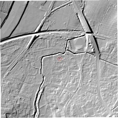 Shaded relief map of the ground around BS107LL, computed from Environment Agency LiDAR. The ground here sits at about 36 m above sea level and falls 15 m across the surrounding 800 m. Surface water reaching this point runs off ground lying to the east-north-east, 1.2 m higher.