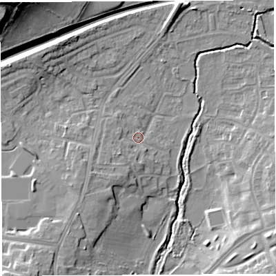 Shaded relief map of the ground around BS107PA, computed from Environment Agency LiDAR. The ground here sits at about 36 m above sea level and falls 28 m across the surrounding 800 m. Surface water reaching this point runs off ground lying to the south-west, 4.0 m higher.