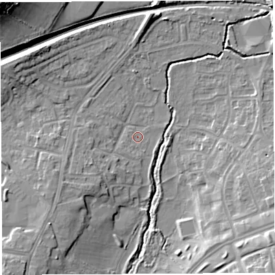 Shaded relief map of the ground around BS107PF, computed from Environment Agency LiDAR. The ground here sits at about 35 m above sea level and falls 25 m across the surrounding 800 m. Surface water reaching this point runs off ground lying to the north-west, 7.6 m higher.