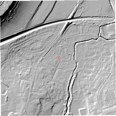 Shaded relief map of the ground around BS107PG, computed from Environment Agency LiDAR. The ground here sits at about 36 m above sea level and falls 36 m across the surrounding 800 m. Surface water reaching this point runs off ground lying to the west-north-west, 7.0 m higher.