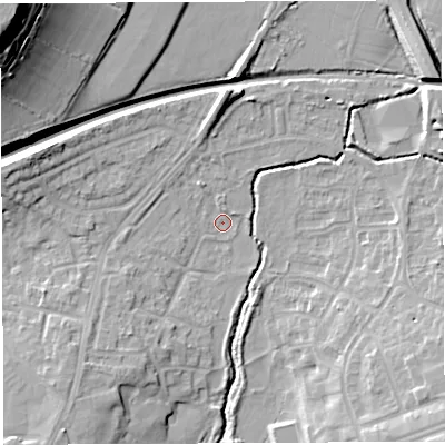 Shaded relief map of the ground around BS107PQ, computed from Environment Agency LiDAR. The ground here sits at about 36 m above sea level and falls 35 m across the surrounding 800 m. Surface water reaching this point runs off ground lying to the north-north-west, 2.1 m higher.