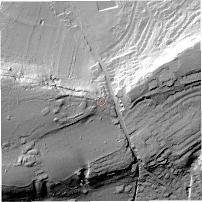 Shaded relief map of the ground around BS107QE, computed from Environment Agency LiDAR. The ground here sits at about 71 m above sea level and falls 52 m across the surrounding 800 m. Surface water reaching this point runs off ground lying to the west, 10.7 m higher.