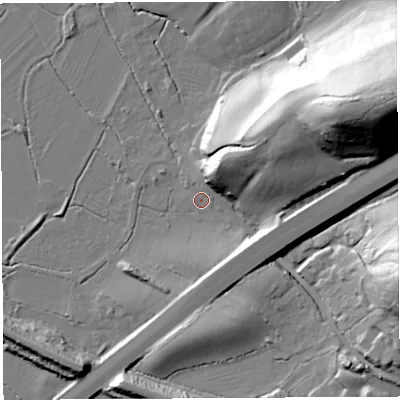 Shaded relief map of the ground around BS107RP, computed from Environment Agency LiDAR. The ground here sits at about 9 m above sea level and falls 60 m across the surrounding 800 m. Surface water reaching this point runs off ground lying to the north-east, 26.1 m higher.