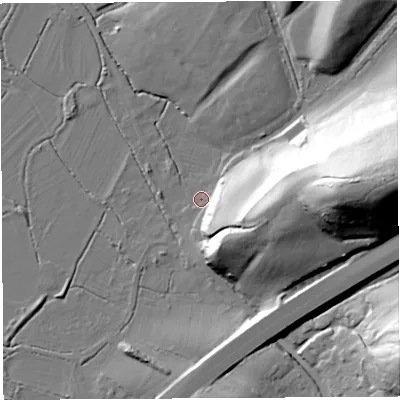 Shaded relief map of the ground around BS107RR, computed from Environment Agency LiDAR. The ground here sits at about 8 m above sea level and falls 60 m across the surrounding 800 m. Surface water reaching this point runs off ground lying to the east, 32.3 m higher.