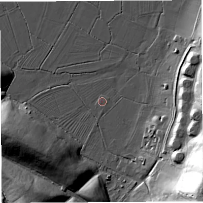 Shaded relief map of the ground around BS107RS, computed from Environment Agency LiDAR. The ground here sits at about 7 m above sea level and falls 65 m across the surrounding 800 m. Surface water reaching this point runs off ground lying to the north-west, 0.7 m higher.