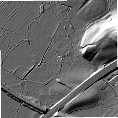 Shaded relief map of the ground around BS107RT, computed from Environment Agency LiDAR. The ground here sits at about 7 m above sea level and falls 50 m across the surrounding 800 m. Surface water reaching this point runs off ground lying to the east-north-east, 20.9 m higher.