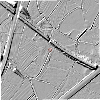 Shaded relief map of the ground around BS107RU, computed from Environment Agency LiDAR. The ground here sits at about 7 m above sea level and falls 13 m across the surrounding 800 m. Surface water reaching this point runs off ground lying to the west, 1.2 m higher.