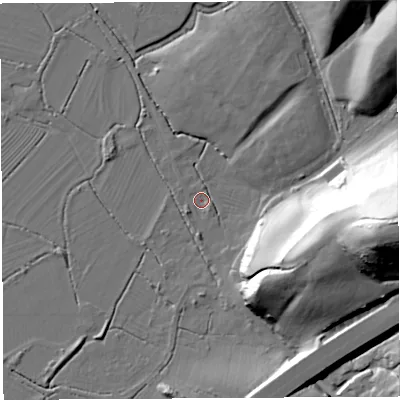 Shaded relief map of the ground around BS107RZ, computed from Environment Agency LiDAR. The ground here sits at about 7 m above sea level and falls 59 m across the surrounding 800 m. Surface water reaching this point runs off ground lying to the east-south-east, 34.2 m higher.