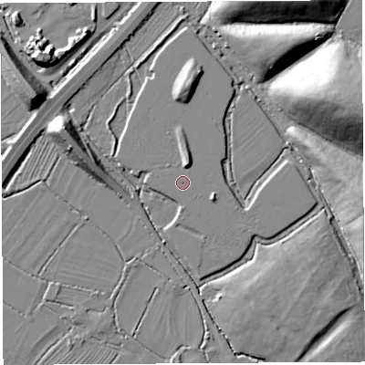 Shaded relief map of the ground around BS107SB, computed from Environment Agency LiDAR. The ground here sits at about 8 m above sea level and falls 23 m across the surrounding 800 m. The ground contributing surface water to this point lies to the north-north-east.