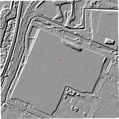 Shaded relief map of the ground around BS107SJ, computed from Environment Agency LiDAR. The ground here sits at about 8 m above sea level and falls 8 m across the surrounding 800 m. The ground contributing surface water to this point lies to the south-east.