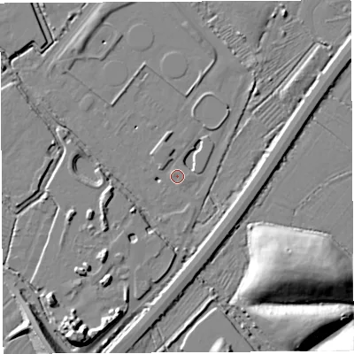 Shaded relief map of the ground around BS107SP, computed from Environment Agency LiDAR. The ground here sits at about 7 m above sea level and falls 17 m across the surrounding 800 m. Surface water reaching this point runs off ground lying to the west-north-west, 0.7 m higher.