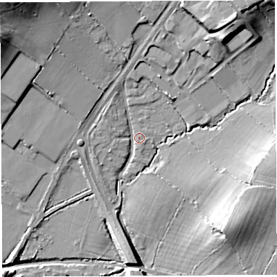 Shaded relief map of the ground around BS107TE, computed from Environment Agency LiDAR. The ground here sits at about 40 m above sea level and falls 22 m across the surrounding 800 m. Surface water reaching this point runs off ground lying to the north, 6.4 m higher.