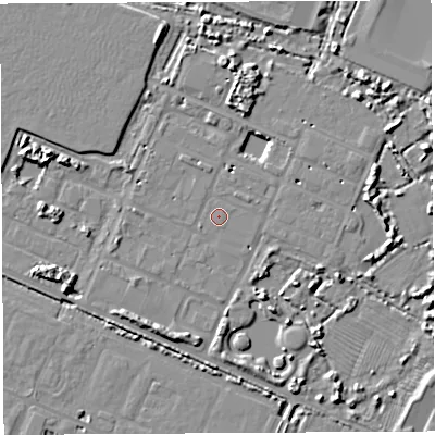 Shaded relief map of the ground around BS107ZE, computed from Environment Agency LiDAR. The ground here sits at about 7 m above sea level and falls 6 m across the surrounding 800 m. The ground contributing surface water to this point lies to the south.