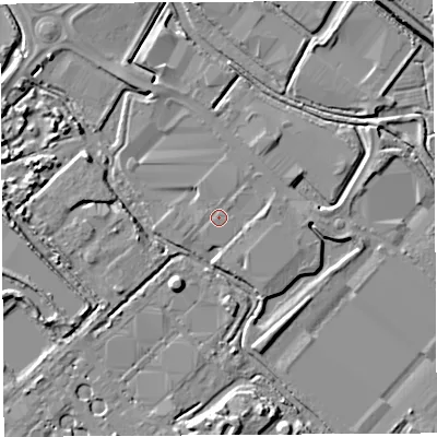 Shaded relief map of the ground around BS110DD, computed from Environment Agency LiDAR. The ground here sits at about 7 m above sea level and falls 6 m across the surrounding 800 m. Surface water reaching this point runs off ground lying to the east, 1.8 m higher.