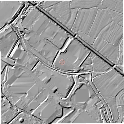 Shaded relief map of the ground around BS110FD, computed from Environment Agency LiDAR. The ground here sits at about 8 m above sea level and falls 7 m across the surrounding 800 m. The ground contributing surface water to this point lies to the north-north-east.