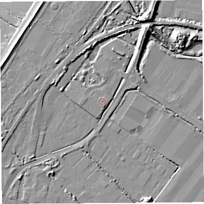 Shaded relief map of the ground around BS110FJ, computed from Environment Agency LiDAR. The ground here sits at about 9 m above sea level and falls 14 m across the surrounding 800 m. Surface water reaching this point runs off ground lying to the south-south-east, 1.2 m higher.