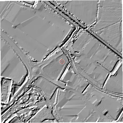 Shaded relief map of the ground around BS110FR, computed from Environment Agency LiDAR. The ground here sits at about 8 m above sea level and falls 6 m across the surrounding 800 m. Surface water reaching this point runs off ground lying to the west-north-west, 0.9 m higher.