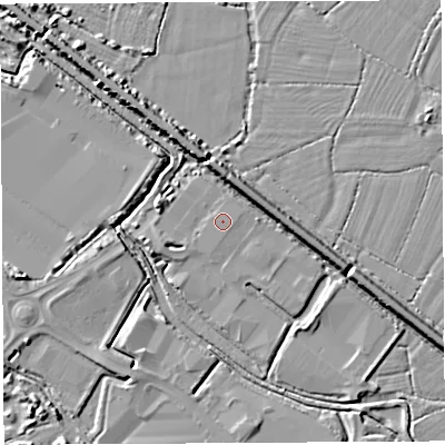 Shaded relief map of the ground around BS110QL, computed from Environment Agency LiDAR. The ground here sits at about 7 m above sea level and falls 6 m across the surrounding 800 m. The ground contributing surface water to this point lies to the east-south-east.